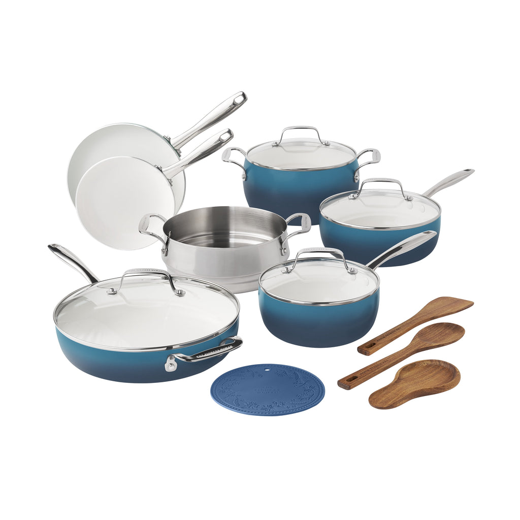 Harlow 15-Piece Cookware Set, Ceramic Nonstick Pots and Pans Set, Denim Blue