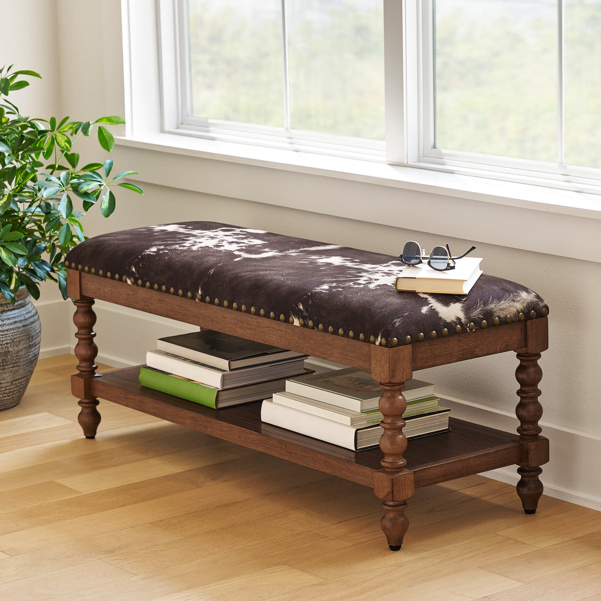 Harper Bench, Faux Cowhide Fabric