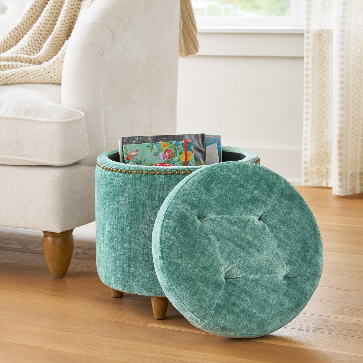Harper Round Velvet Storage Ottoman, Jade, 17.72 in