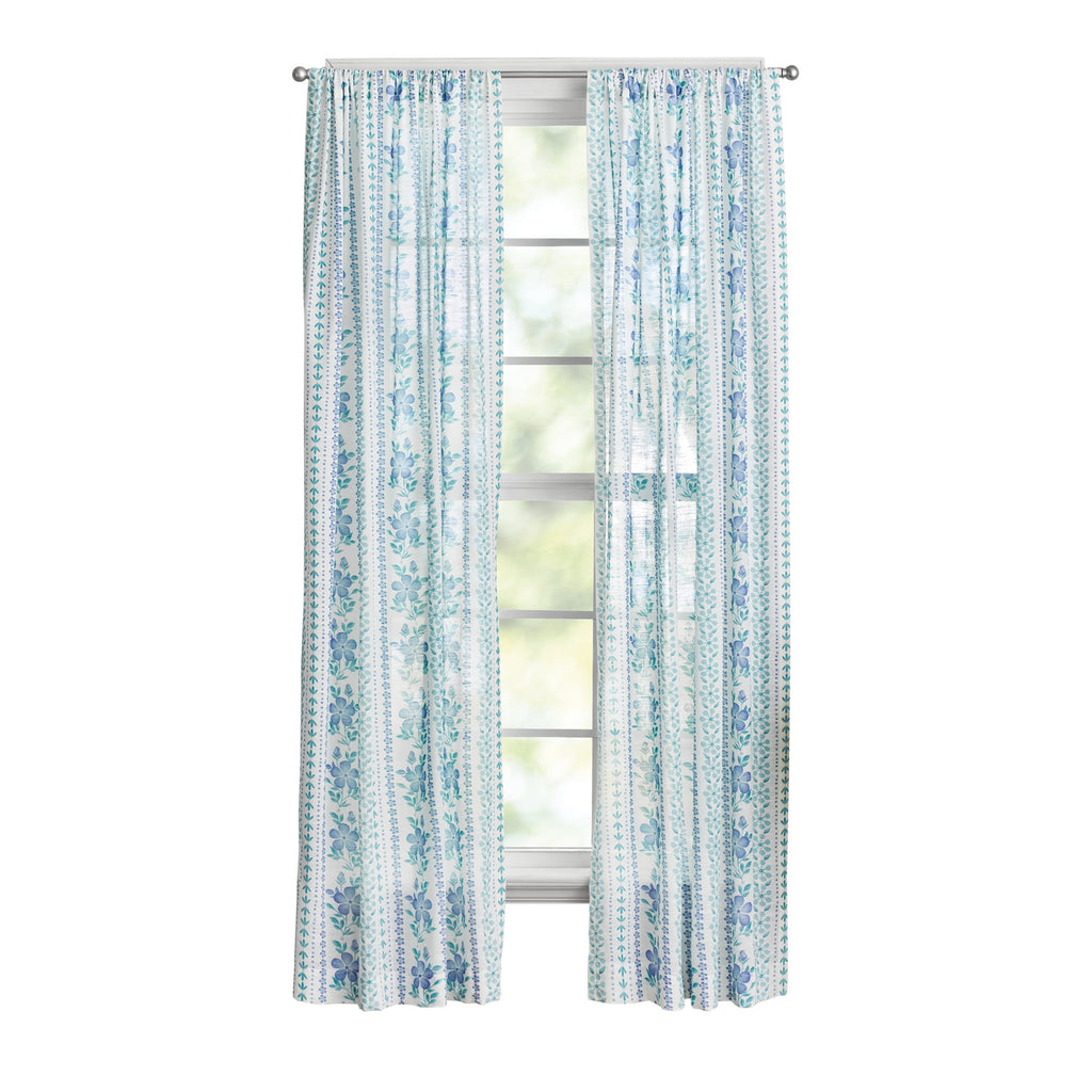 Hattie Stripe 2 Pack Curtain Panel, BCI Cotton, Floral, Blue, RodPocket, 40" W