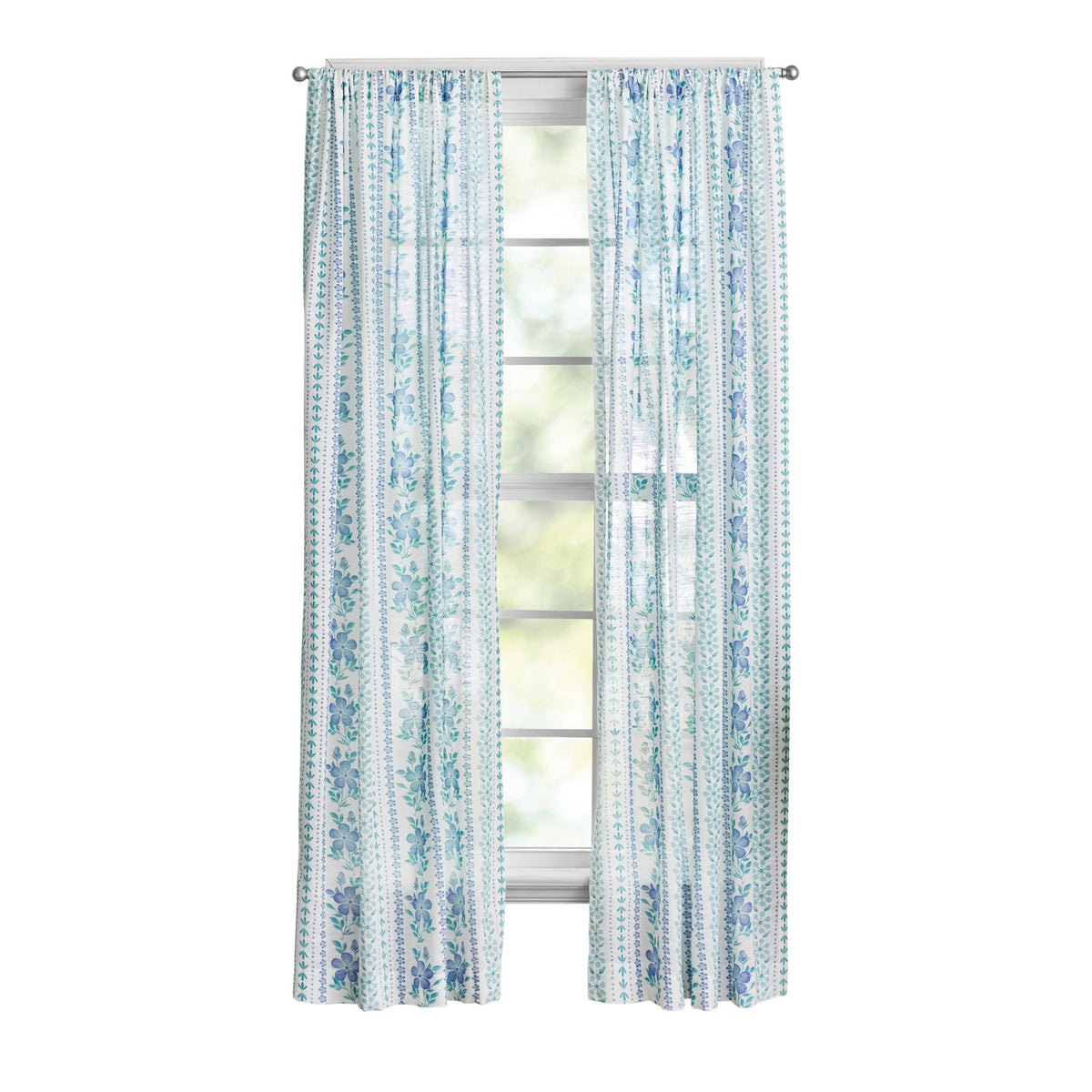 Hattie Stripe 2 Pack Curtain Panel, BCI Cotton, Floral, Blue, RodPocket, 40" W