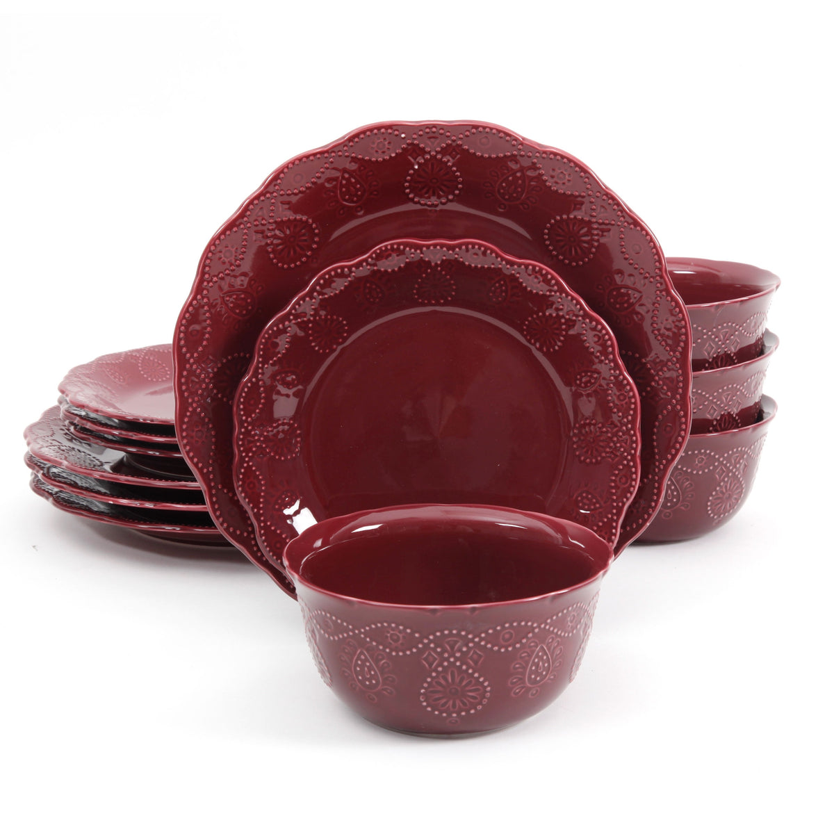 Piooner Decor Cowgirl Lace 12-Piece Dinnerware Set, Red