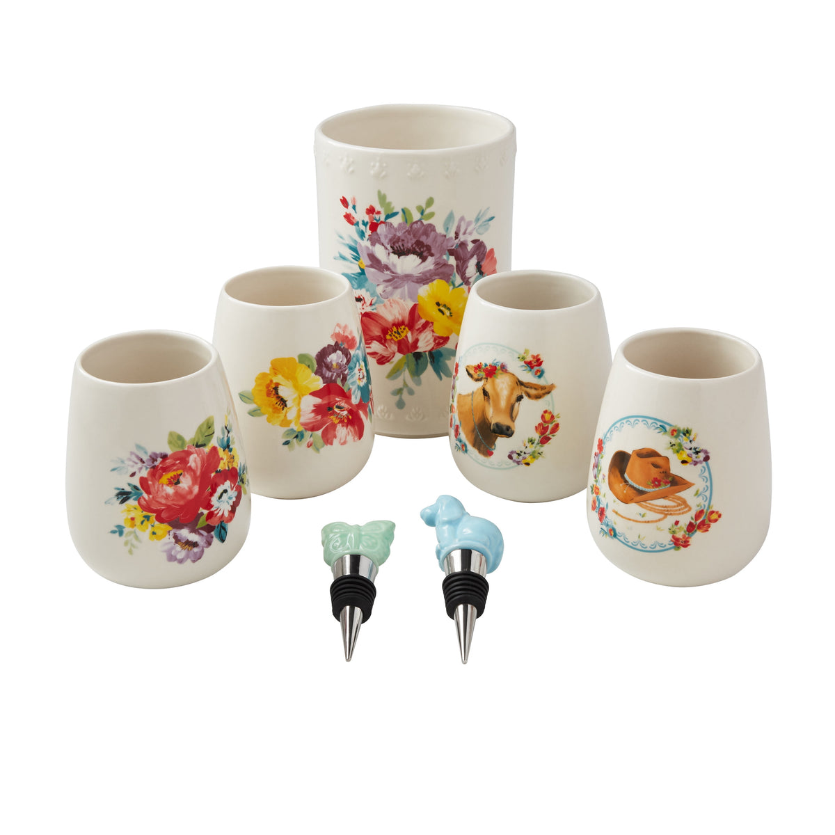 Sweet Rose 7-Piece Stoneware Stemless Wine Glasses Set with Chiller - Rustic Ceramic