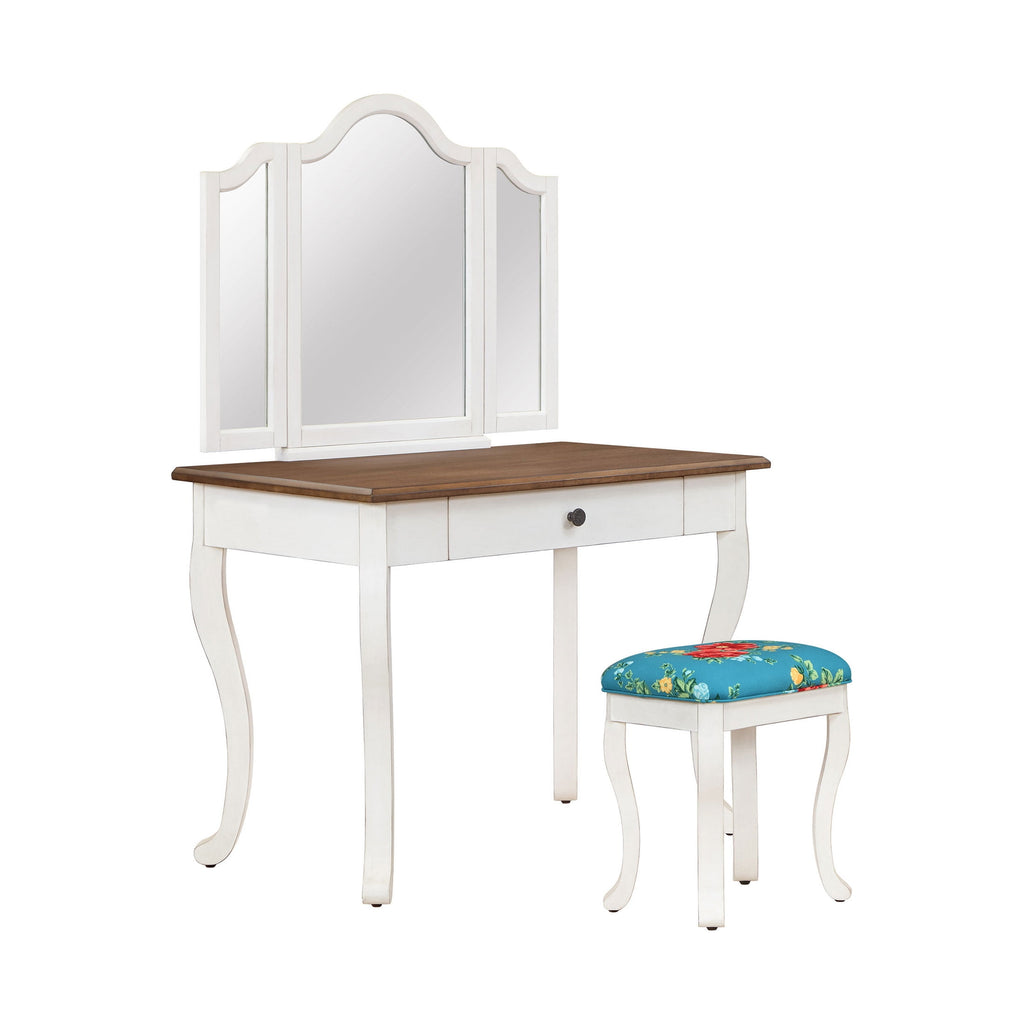 Vanity Set and Stool with Tri-Fold Mirror and Solid Wood