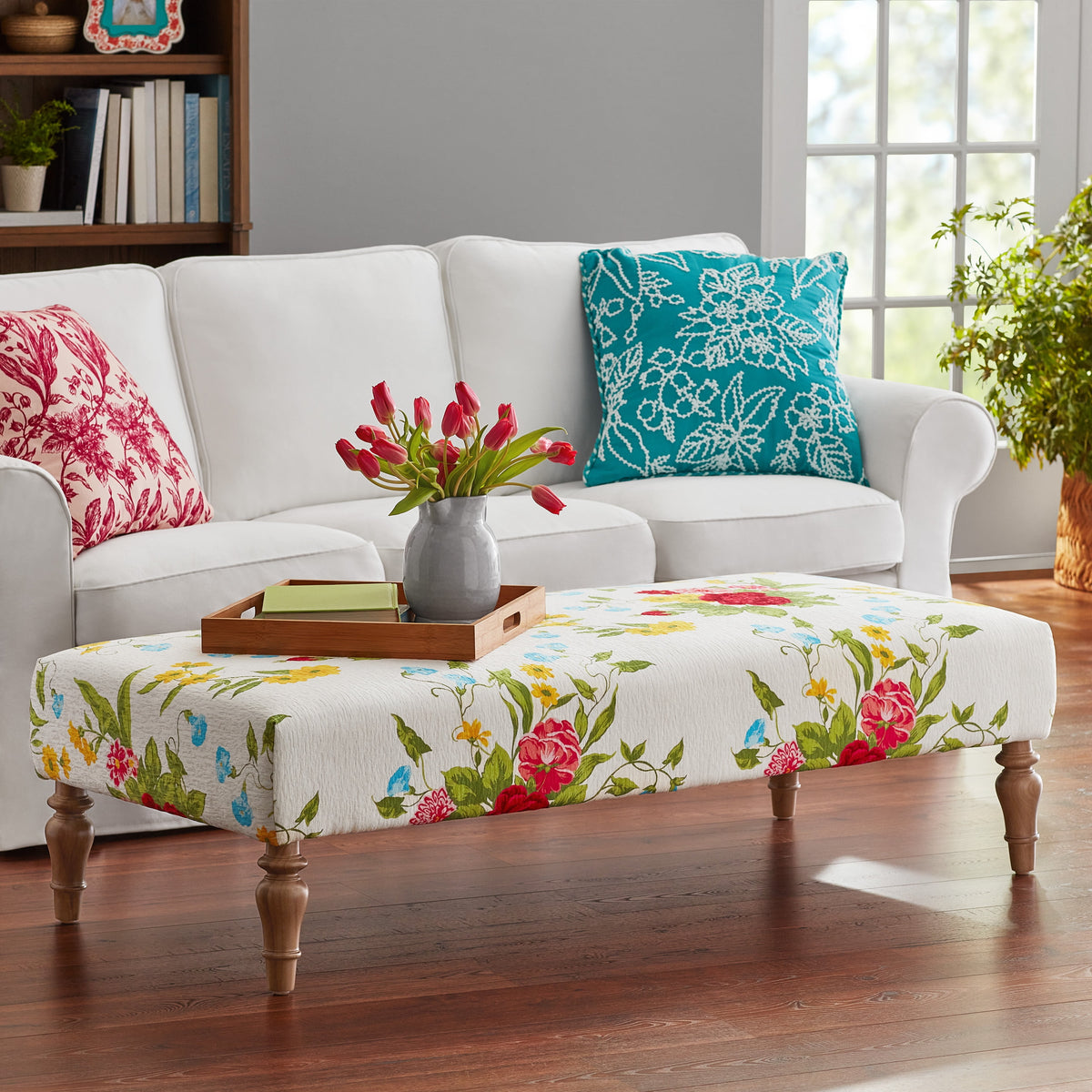 Vintage Floral Fabric Rectangular Ottoman, White