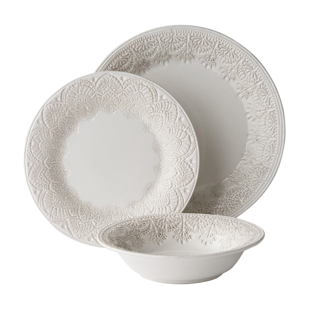 Vintage Lace 12-Piece Ceramic Dinnerware Set, Linen