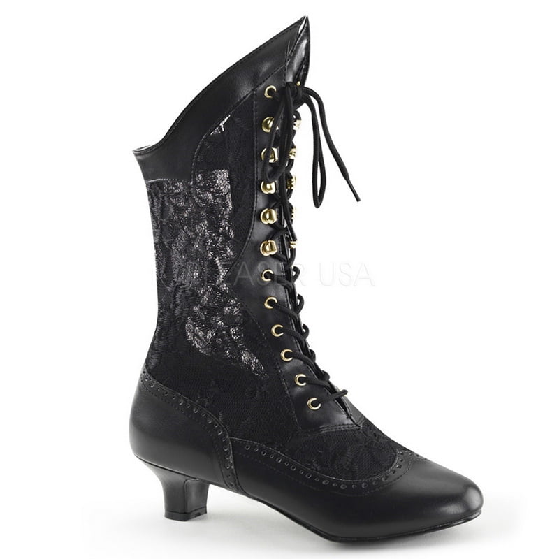 Piooner Decor Funtasma DAME-115 - 2" Heel, Blk Pu-Lace Victorian Ankle Boot, Lace, Pioneer-Blk Pu-Lace-6