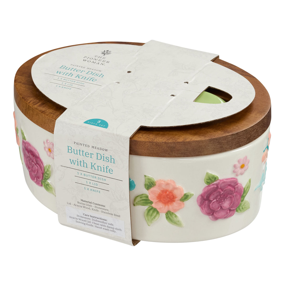 2-Pack The Pioneer Woman Ceramic Painted Meadow Butter Dish With Acacia Wood Lid And Serving