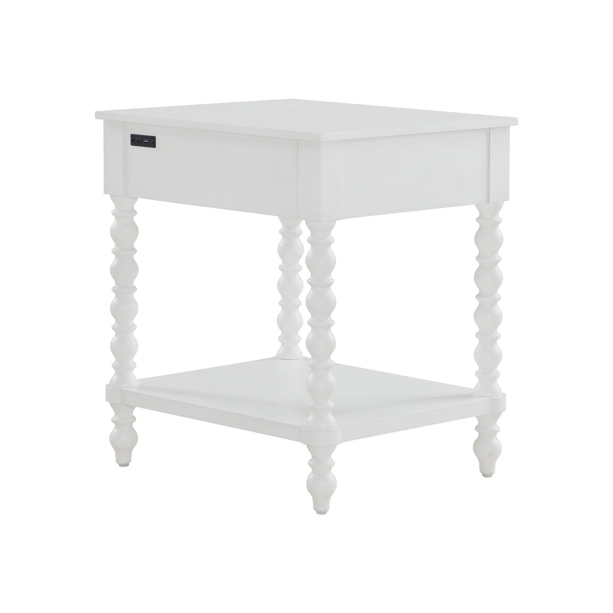 Harper Spindle Nightstand with USB Charging Ports, Adults and Teens, White Finish