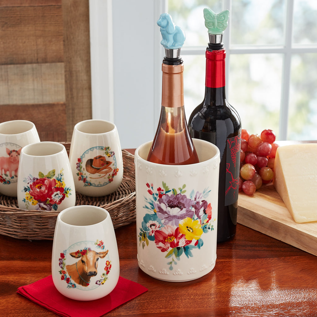 Sweet Rose 7-Piece Stoneware Stemless Wine Glasses Set with Chiller - Rustic Ceramic