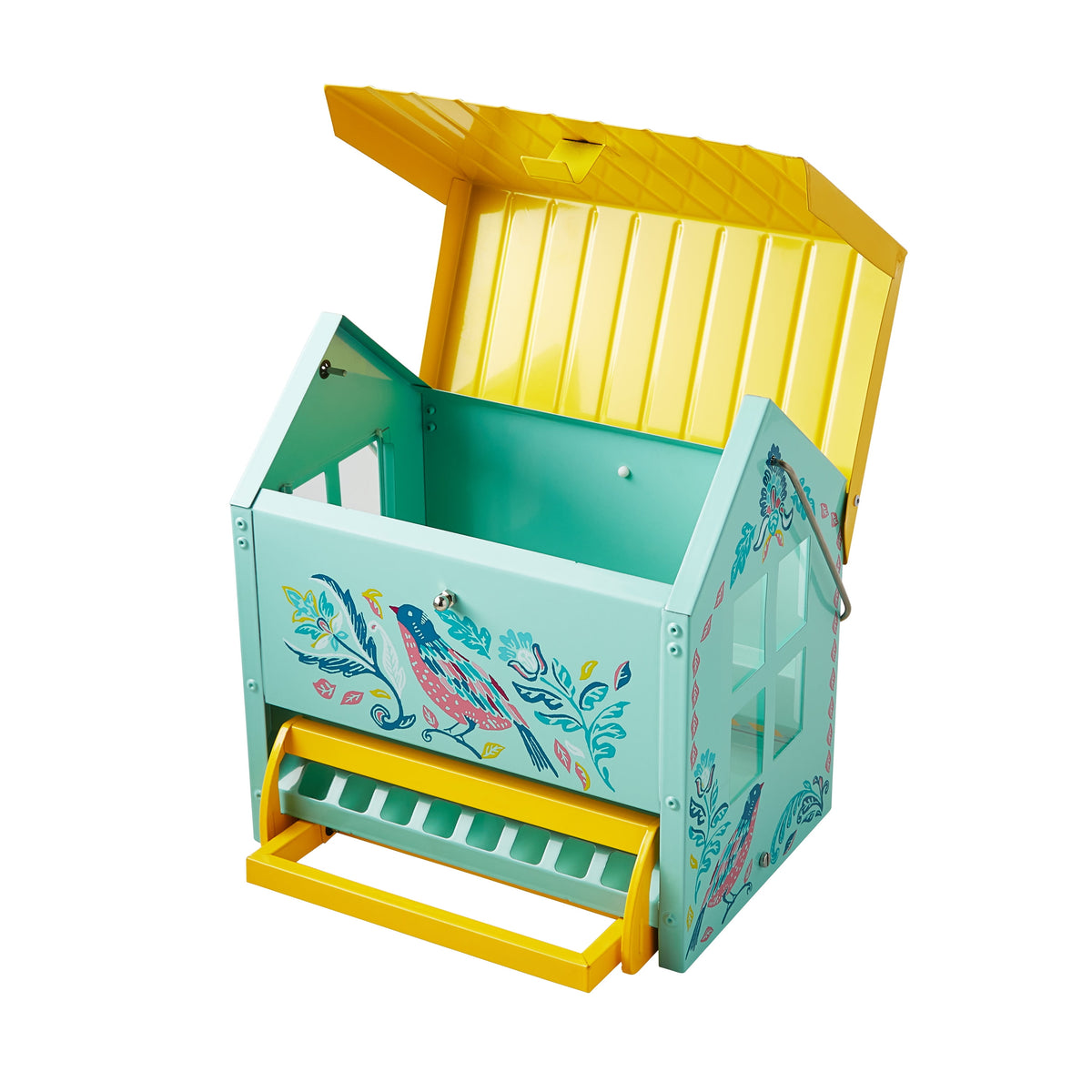 Bird Ogee Metal Squirrel Proof Hopper Bird Feeder 5.5QT, Teal Yellow