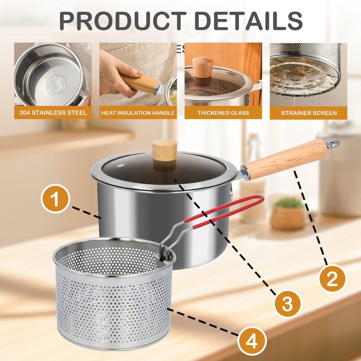 Deep Fryer Pot 3Qt Stainless Steel Fryer Pot With Basket Multifunction Oil Strainer Pot