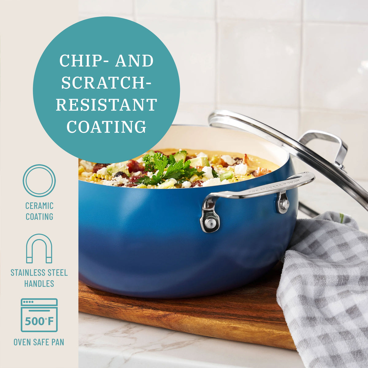 Harlow 7.5 Qt Ceramic Nonstick Stock Pot with Lid, Denim Blue - Farmhouse