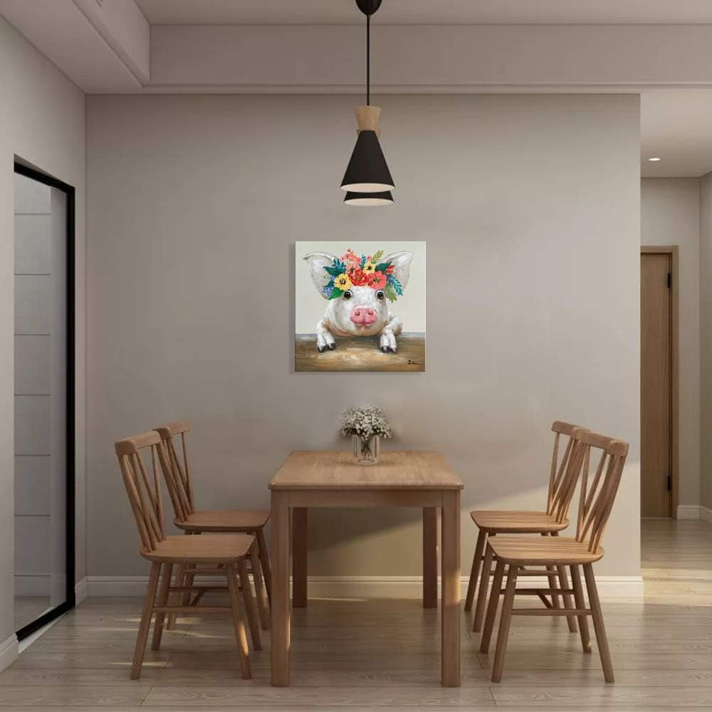 Pig Canvas Picture Wall Art: Rustic Pig Floral Crown Wall Decor Farm Animal Wall Art