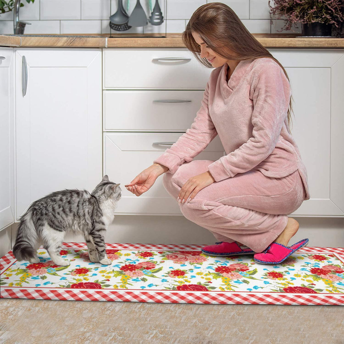 Flower Kitchen Mat 2-Piece Set Farmhouse Anti-Fatigue Water-Resistant Stain-Resistant Non-Slip Floor Mat