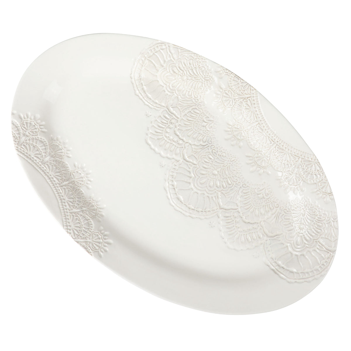Vintage Lace 20-inch Stoneware Oval Serving Tray Platter, White