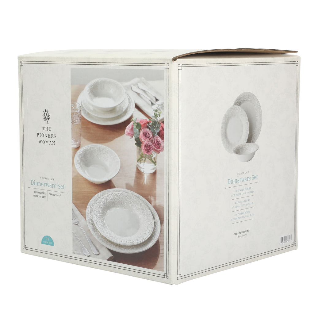 Vintage Lace 12-Piece Ceramic Dinnerware Set, Linen