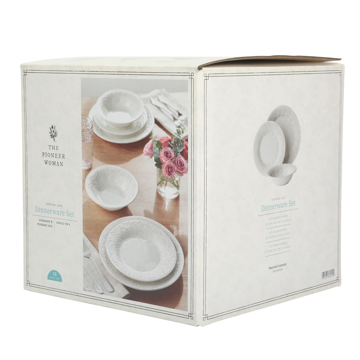 Vintage Lace 12-Piece Ceramic Dinnerware Set, Linen