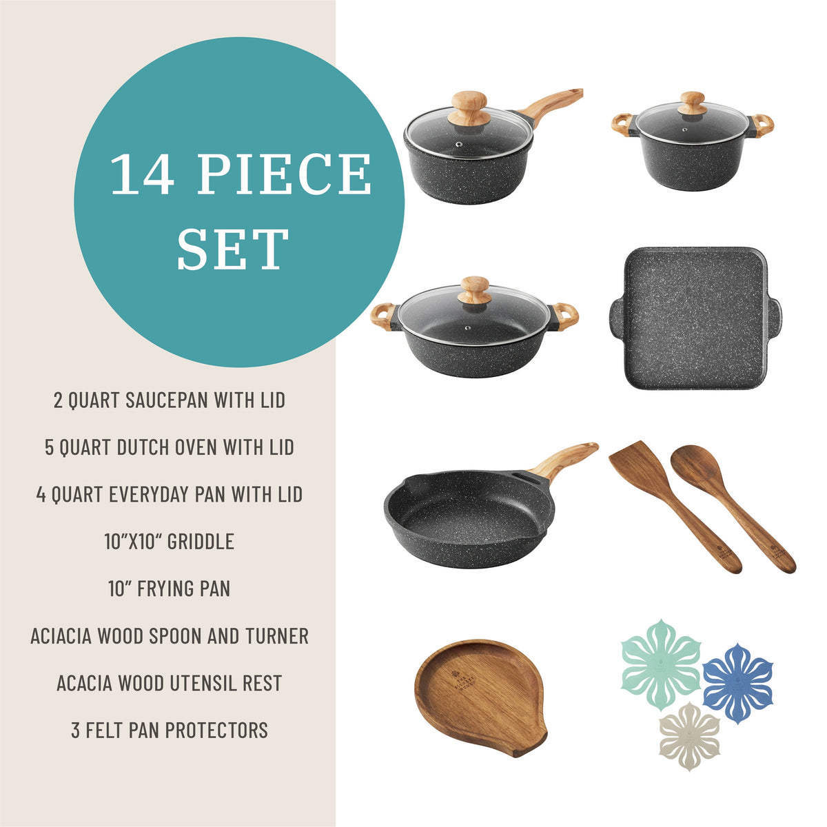Prairie Signature 14-Piece Cast Aluminum Cookware Set, Charcoal