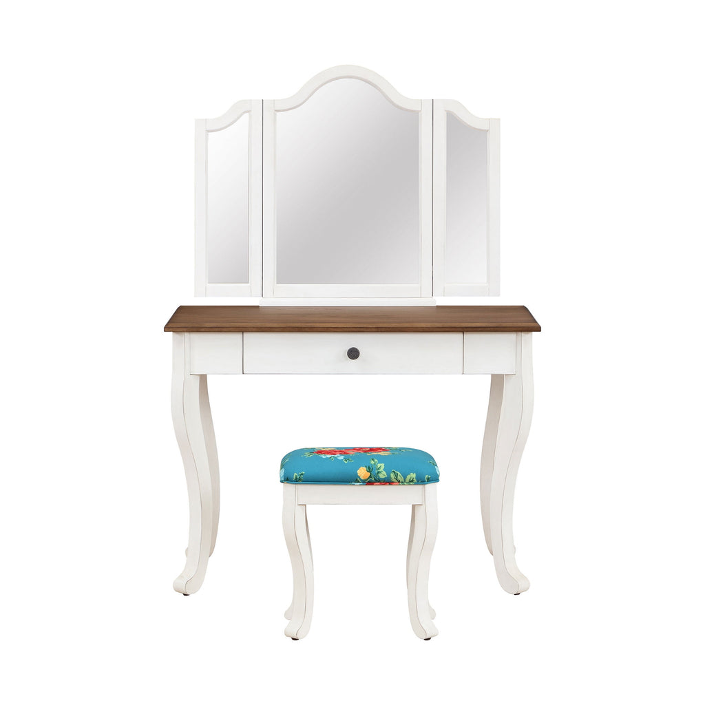 Vanity Set and Stool with Tri-Fold Mirror and Solid Wood