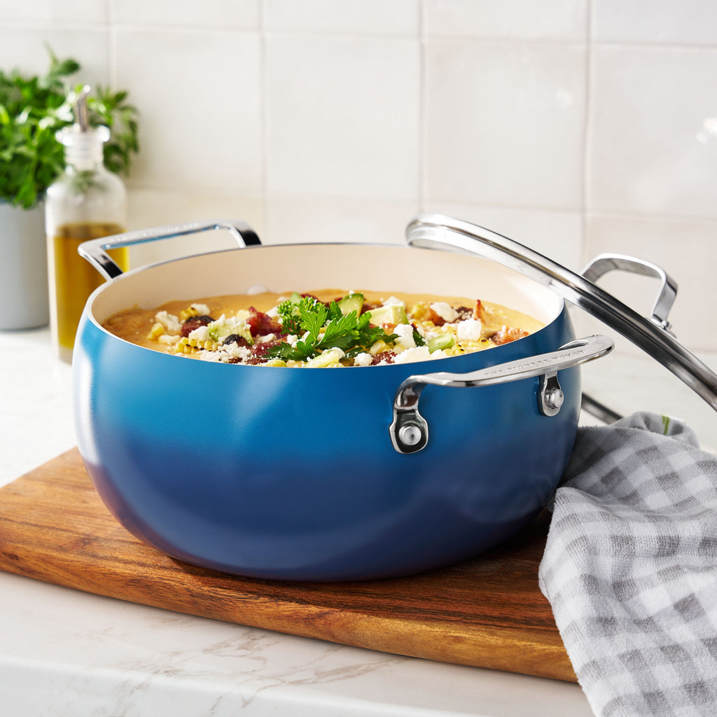 Harlow 7.5 Qt Ceramic Nonstick Stock Pot with Lid, Denim Blue - Farmhouse