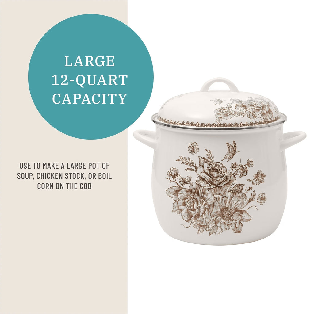 Agatha 12 Qt Enamel on Steel Stock Pot with Lid, Brown - Farmhouse
