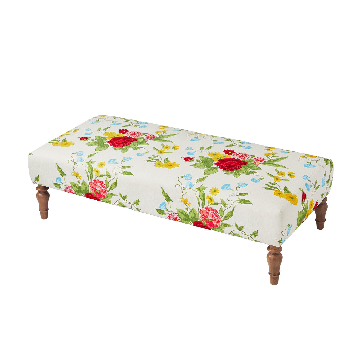 Vintage Floral Fabric Rectangular Ottoman, White