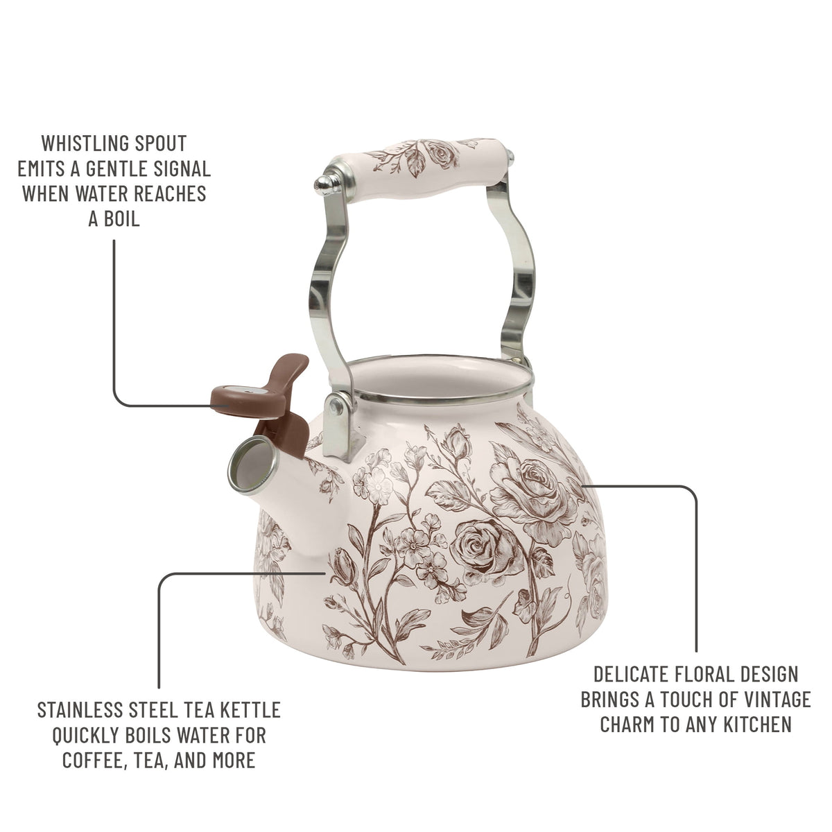 2.0-Quart Enamel on Steel Agatha Tea Kettle, Brown