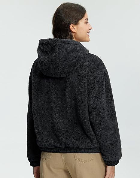 Women's Fuzzy Fleece Jacket Lightweight Full-Zip Sherpa Jacket with Hood Warm Soft