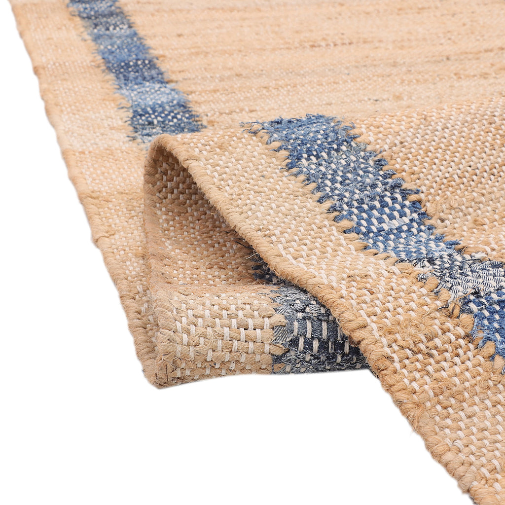 Denim Jute Runner Rug, Natural with Blue Border, 30 x 96 Inches