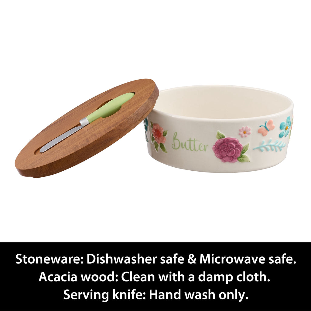 2-Pack The Pioneer Woman Ceramic Painted Meadow Butter Dish With Acacia Wood Lid And Serving