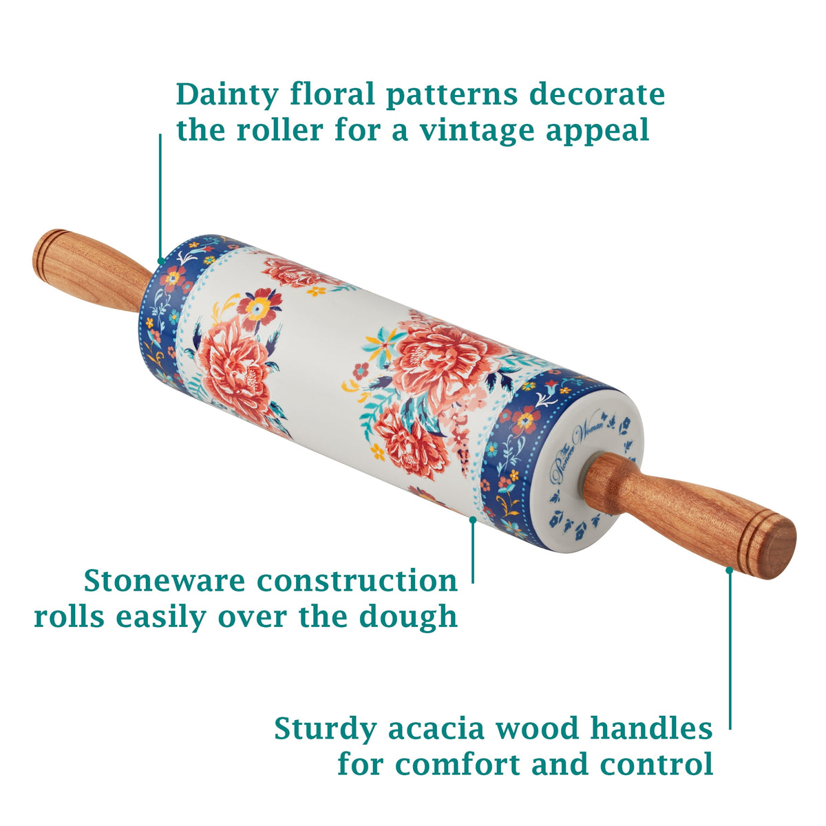 Keepsake Floral 17.7" Ceramic Rolling Pin with Acacia Wood Holder