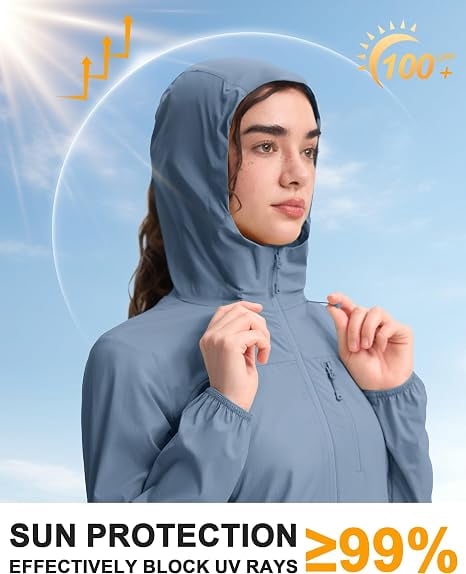 Women‘s UPF 50+ Windbreaker Jacket, Lightweight Packable Sun Protection Hoodie