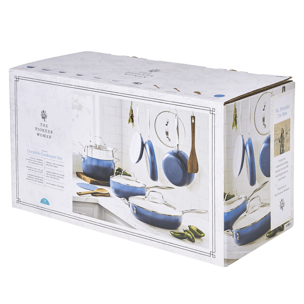 Harlow 15-Piece Cookware Set, Ceramic Nonstick Pots and Pans Set, Denim Blue