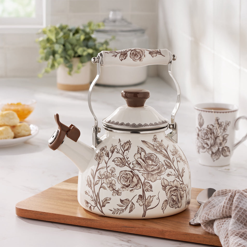 2.0-Quart Enamel on Steel Agatha Tea Kettle, Brown