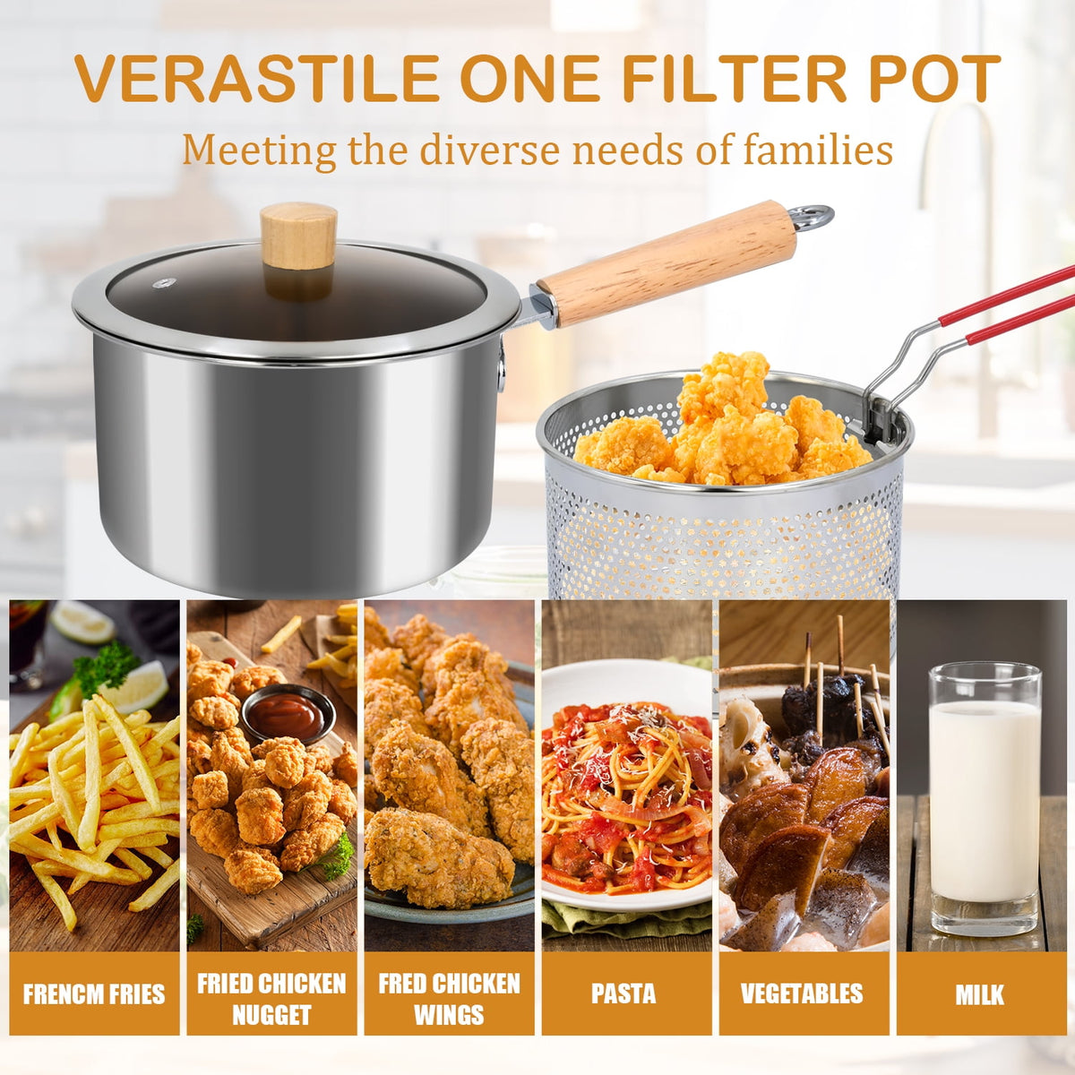 Deep Fryer Pot 3Qt Stainless Steel Fryer Pot With Basket Multifunction Oil Strainer Pot