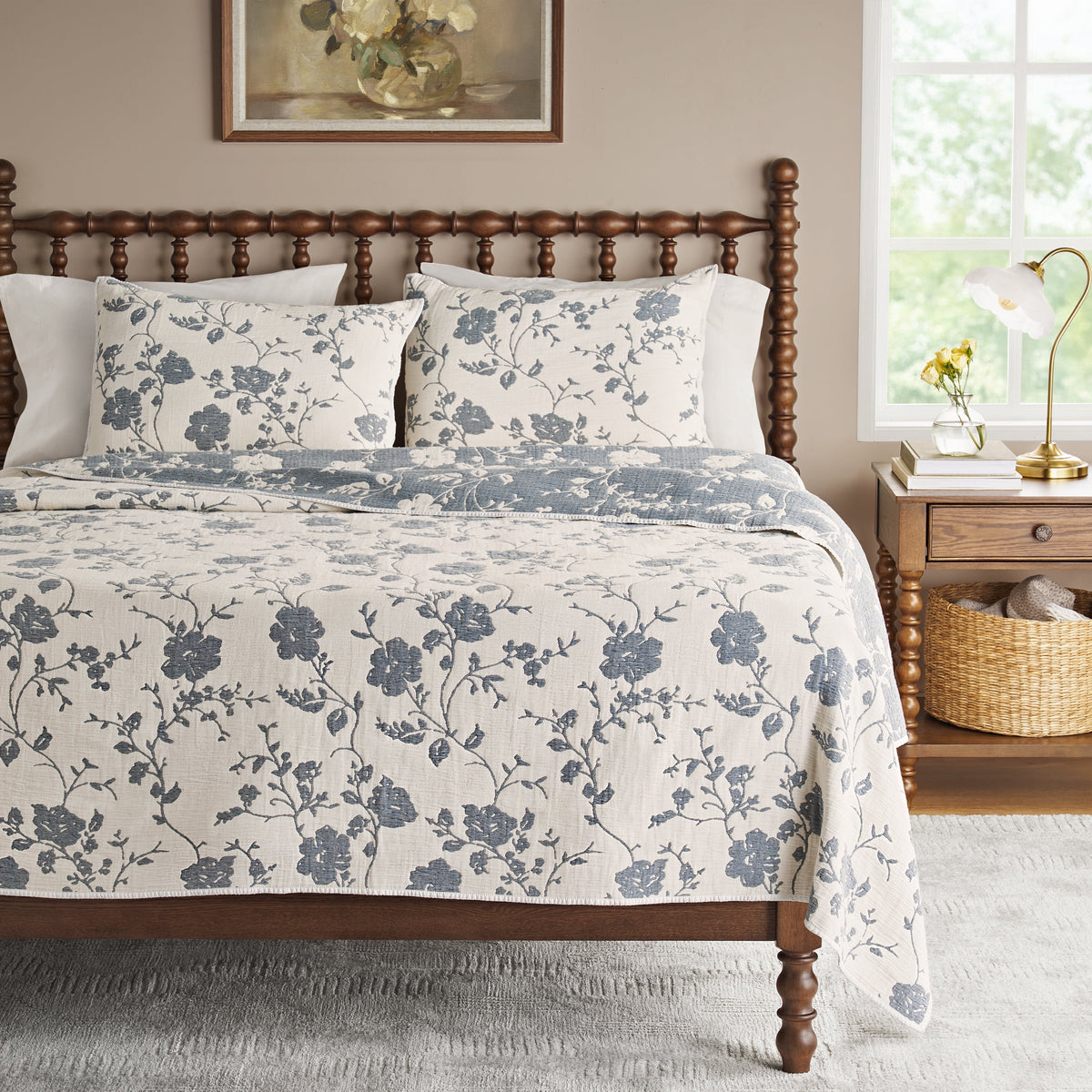 Agatha Floral Gauze Pillow Sham, Standard, Blue Dust, 2 Pack - Cozy Cottage