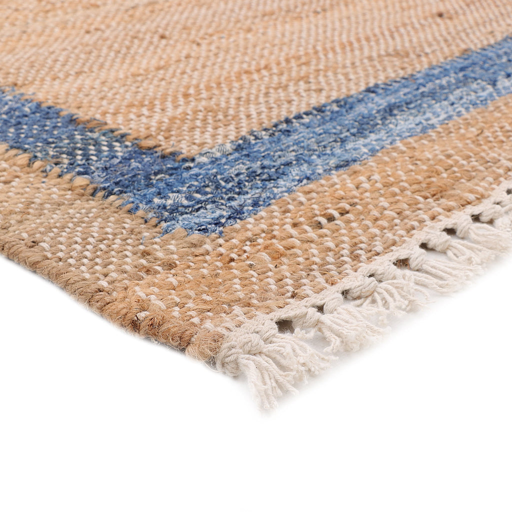 Denim Jute Runner Rug, Natural with Blue Border, 30 x 96 Inches