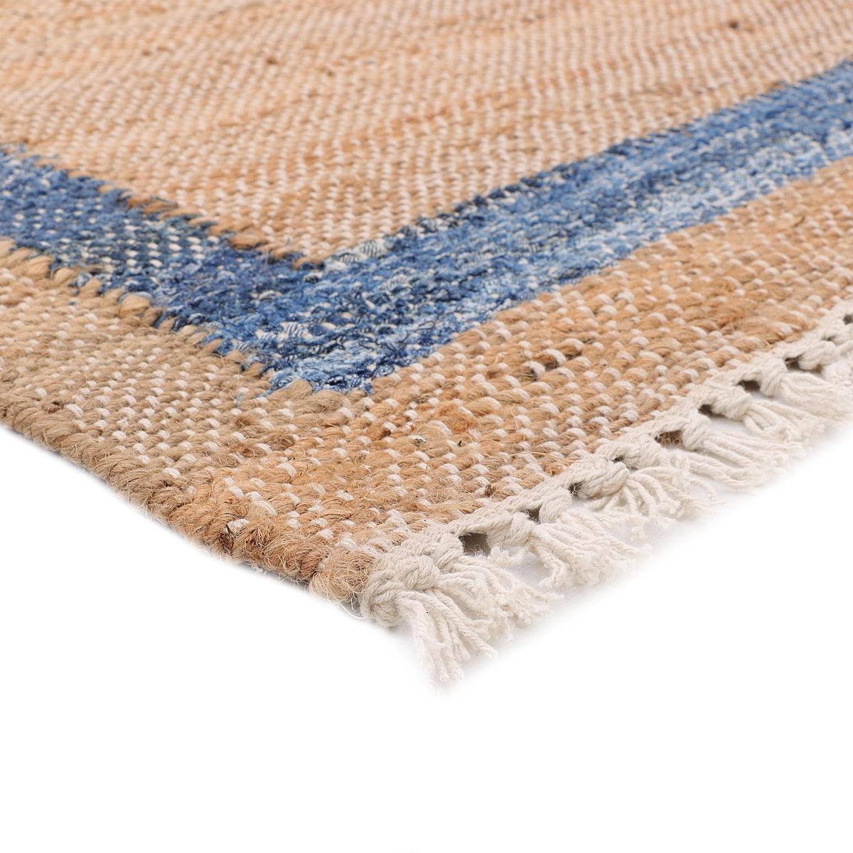 Denim Jute Runner Rug, Natural with Blue Border, 30 x 96 Inches