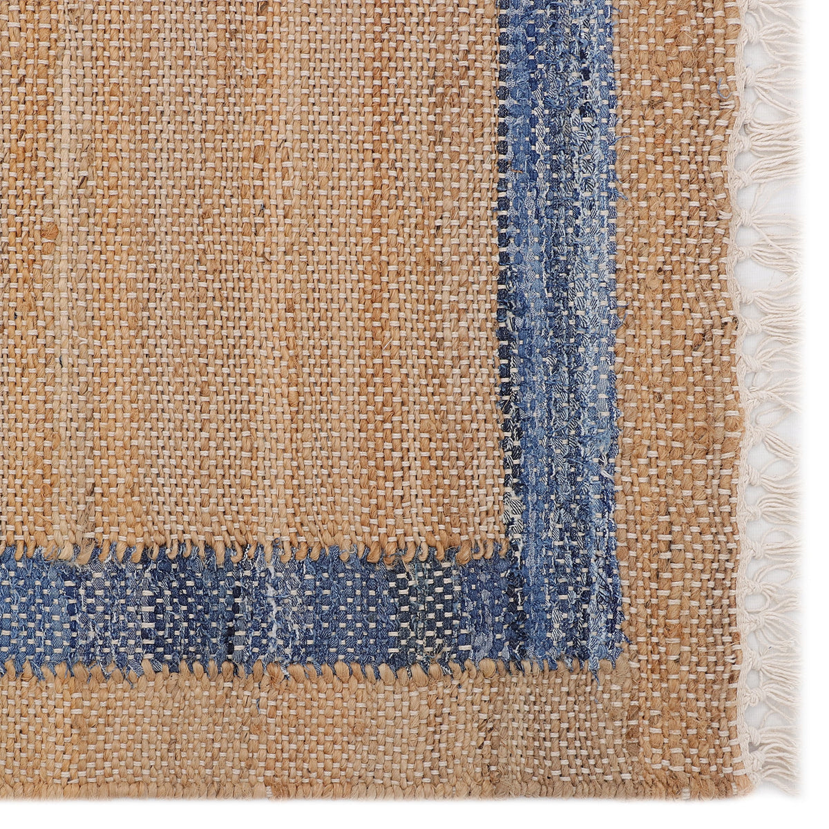 Denim Jute Runner Rug, Natural with Blue Border, 30 x 96 Inches