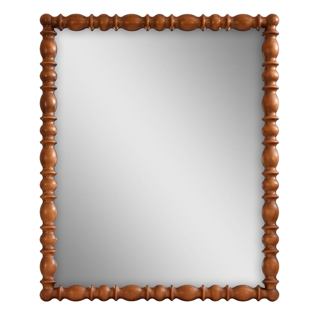Harper Spindle Wood Decorative Wall Mirror, Beaded Turned Wood Mirror, Rustic Brown 24x30