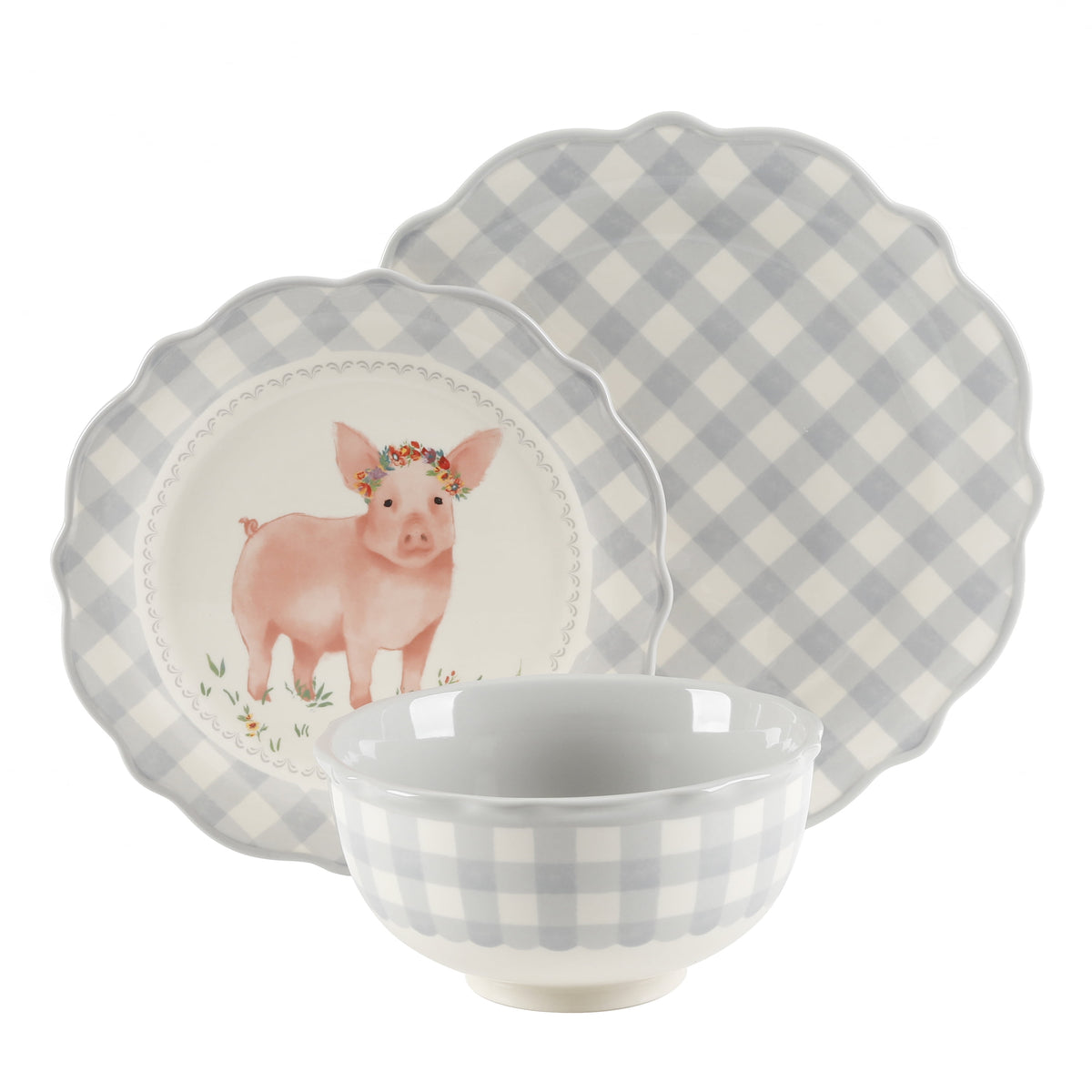 Gingham 12-Piece Ceramic Dinnerware Set, Gray