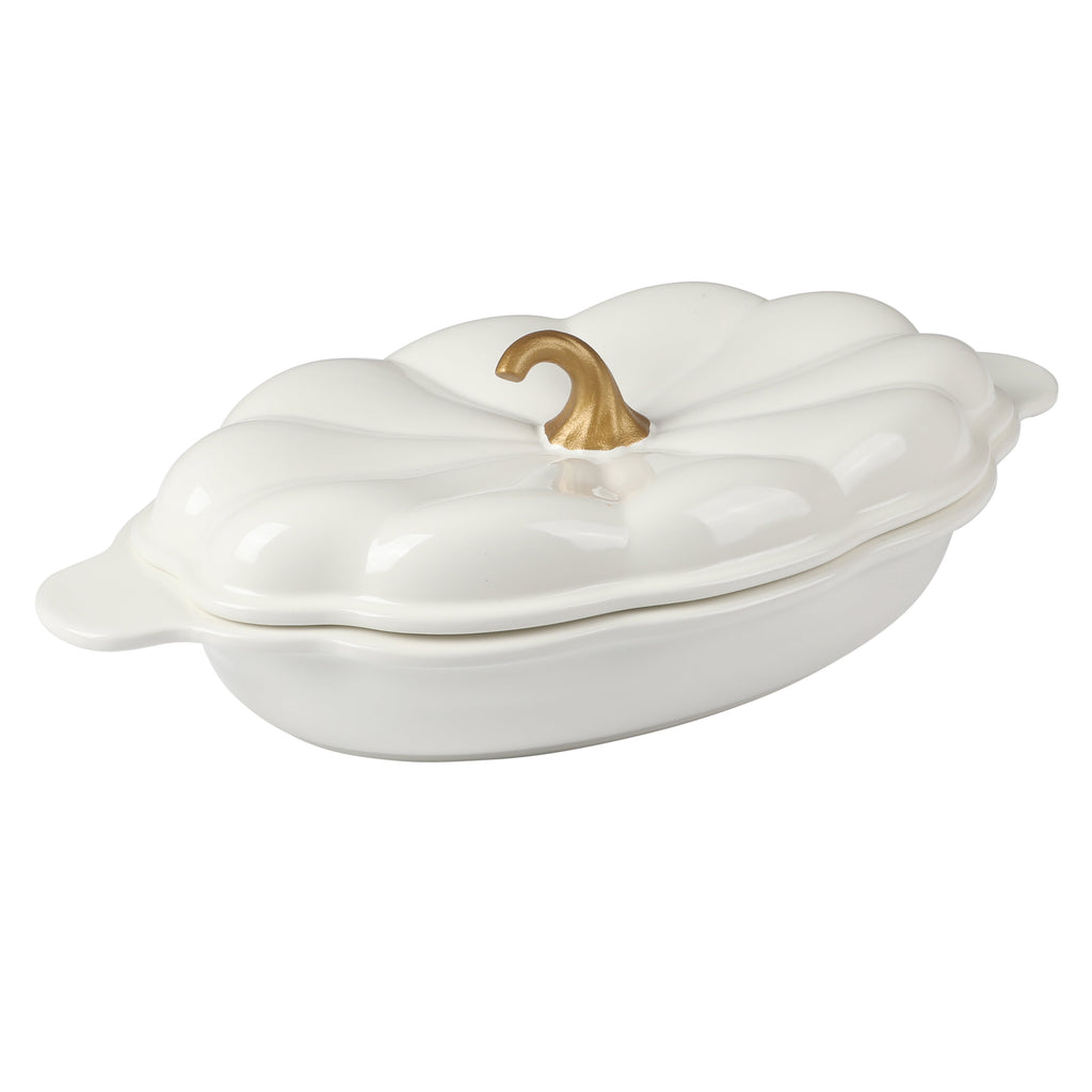 3-Quart Oval Pumpkin Stoneware Baker with Lid, Linen
