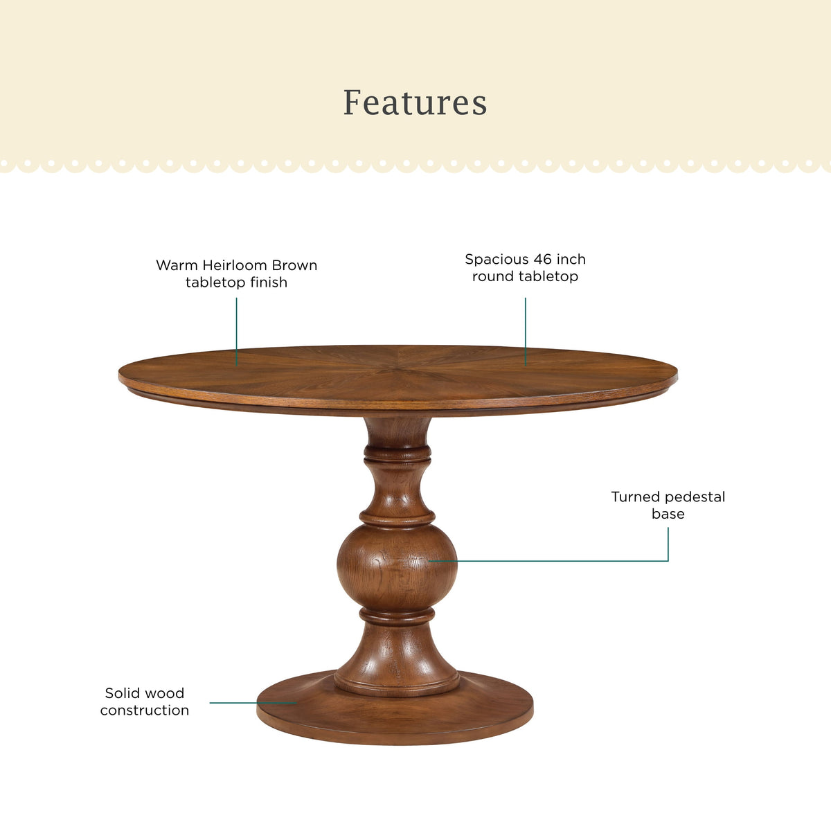 Callie Round Dining Table, Heirloom Brown Finish