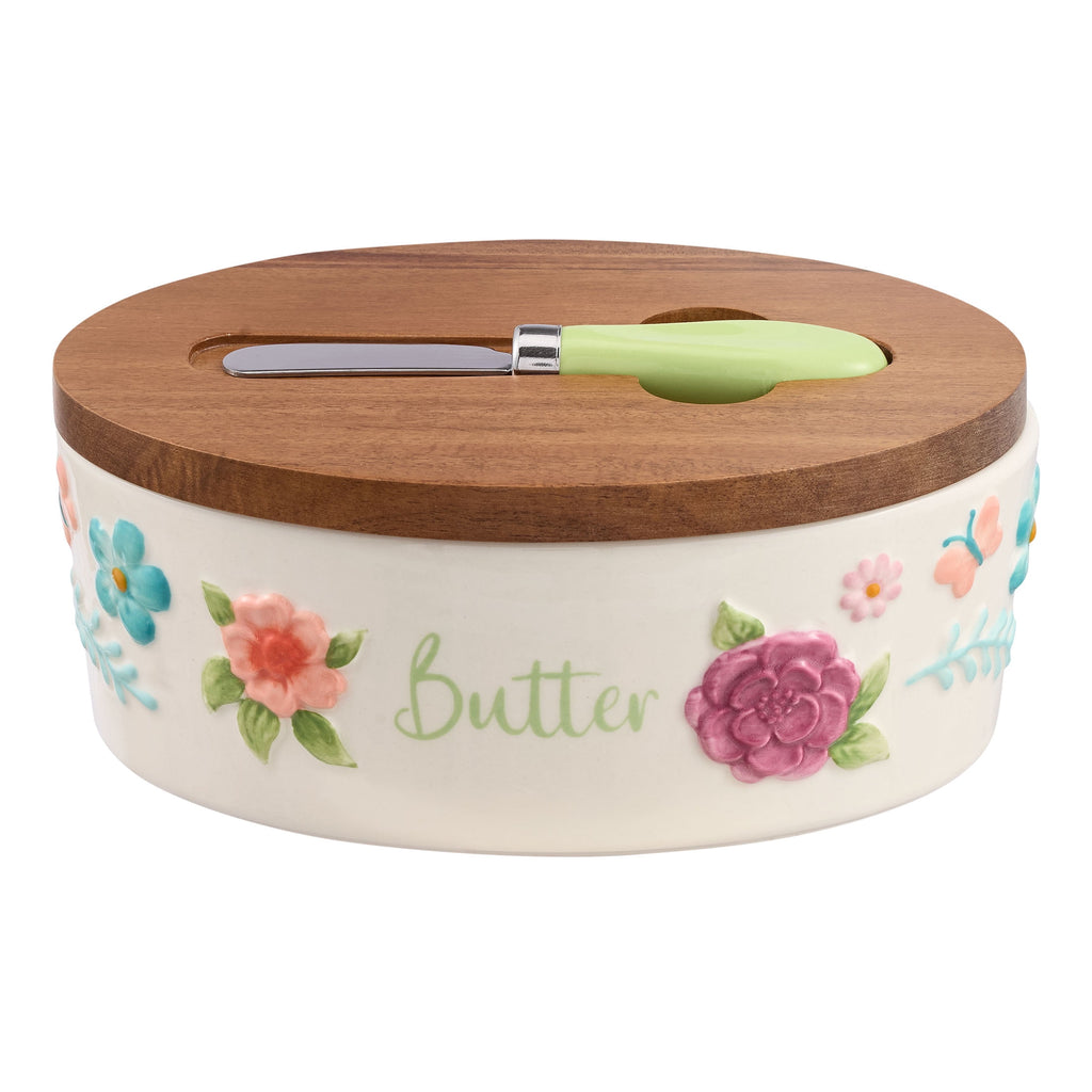 2-Pack The Pioneer Woman Ceramic Painted Meadow Butter Dish With Acacia Wood Lid And Serving
