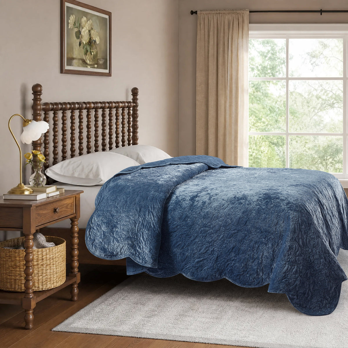 Eloise Floral Velvet Quilt, Full/Queen, Blue Dust Bedding