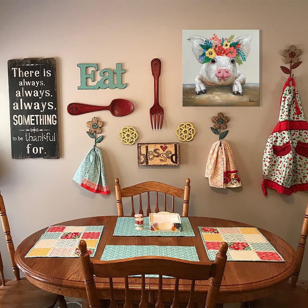 Pig Canvas Picture Wall Art: Rustic Pig Floral Crown Wall Decor Farm Animal Wall Art