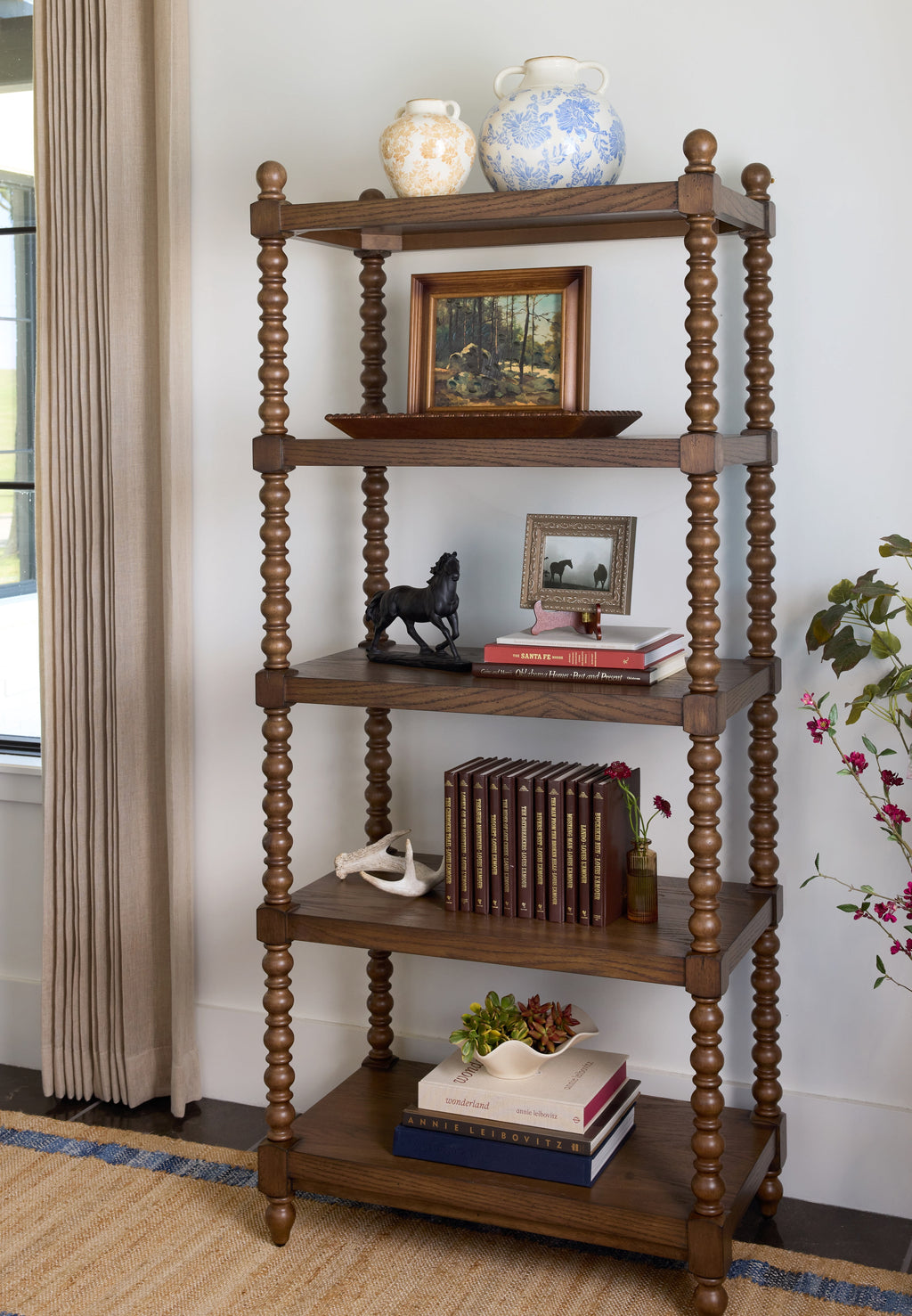 Harper Spindle Wood Decorative Wall Mirror, Beaded Turned Wood Mirror, Rustic Brown 24x30